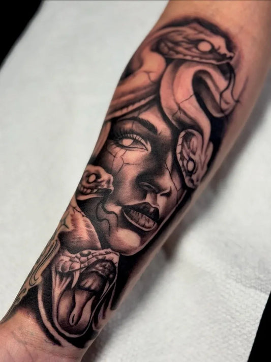 Big Blackwork Medusa and Snakes on Women Arm Tattoo by @reymannytattoo