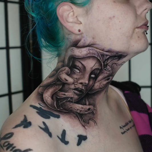 Big Blackwork Medusa and Snakes on Women Neck Tattoo by @bytattoo_22