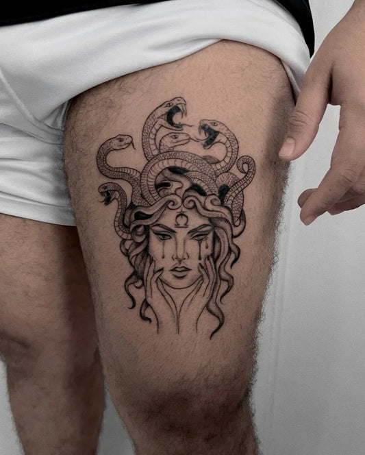 Big Blackwork Medusa on Men Thigh Tattoo by @cadinktattoo