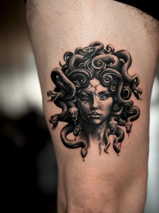 Big Blackwork Medusa on Men Thigh Tattoo by @sahell.ink