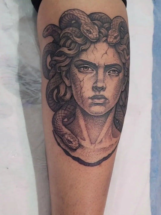 Big Blackwork Medusa on Women Arm Tattoo by @riaan_newclassictattoo
