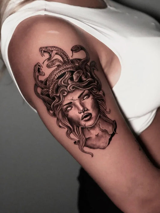 Big Blackwork Medusa on Women Arm Tattoo by @slowdaystudio__