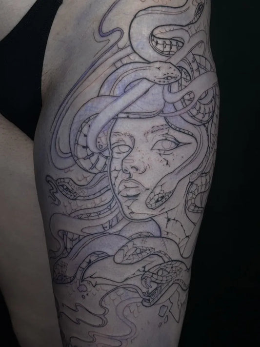 Big Blackwork Medusa on Women Thigh Tattoo by @goddessglyphs