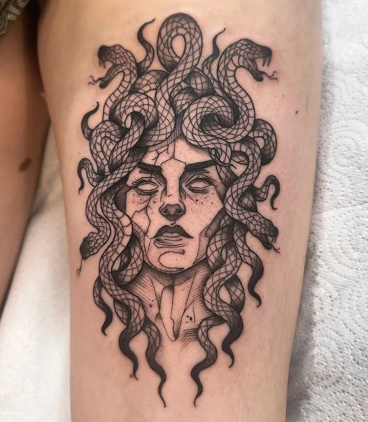 Big Blackwork Medusa on Women Thigh Tattoo by @inkniktattoo