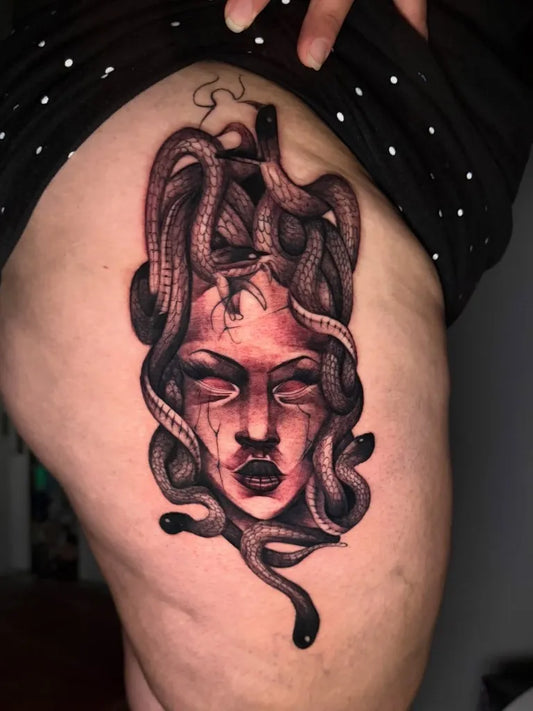 Big Blackwork Medusa on Women Thigh Tattoo by @zonder_