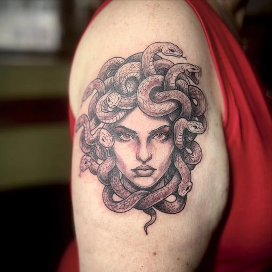 Big Blackwork Medusa on Women Upper Arm Tattoo by @high_tide_tattoos_iow