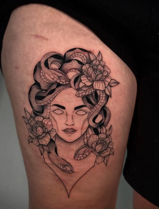 Big Blackwork Medusa with Snakes and Peonies on Women Thigh Tattoo by @tehttoo