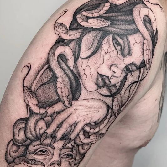 Big Blackwork Medusa with Snakes on Men Arm Tattoo by @_la_burra