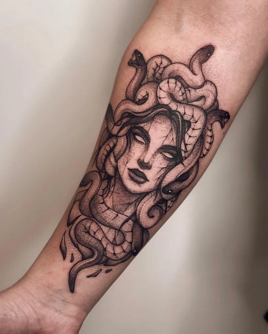 Big Blackwork Medusa with Snakes on Men Arm Tattoo by @annakust_tattoo