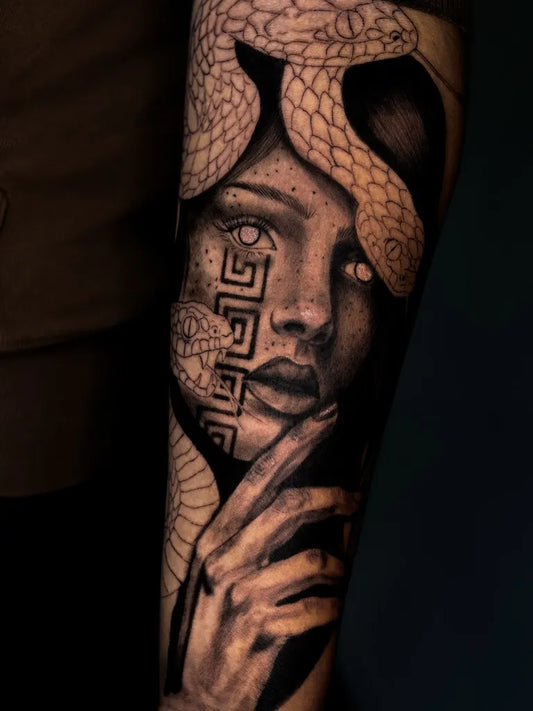 Big Blackwork Medusa with Snakes on Women Arm Tattoo by @asi_designs
