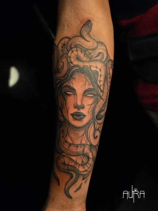 Big Blackwork Medusa with Snakes on Women Arm Tattoo by @auratattoo_studio_