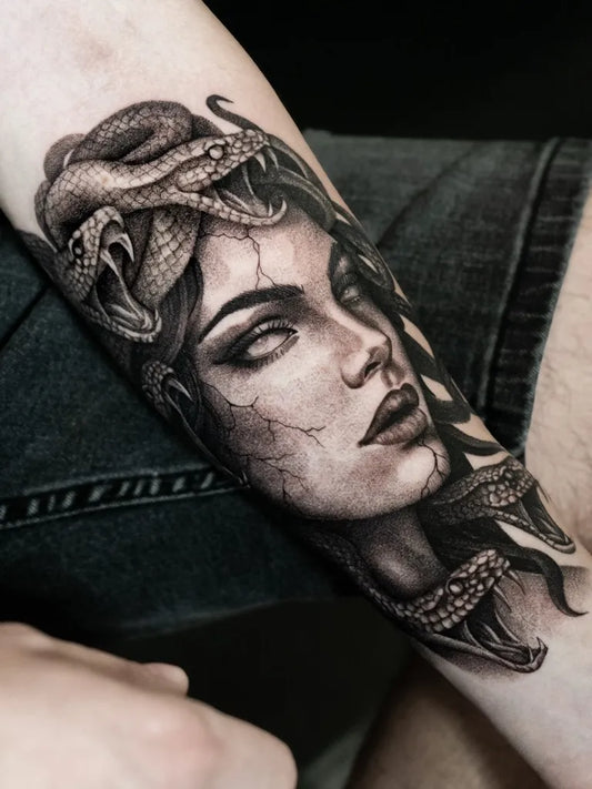 Big Blackwork Medusa with Snakes on Women Arm Tattoo by @bonnytattooing
