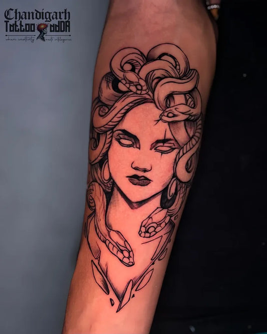 Big Blackwork Medusa with Snakes on Women Arm Tattoo by @chandigarhtattooadda