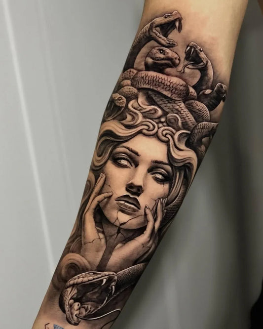 Big Blackwork Medusa with Snakes on Women Arm Tattoo by @franveneronitattoo