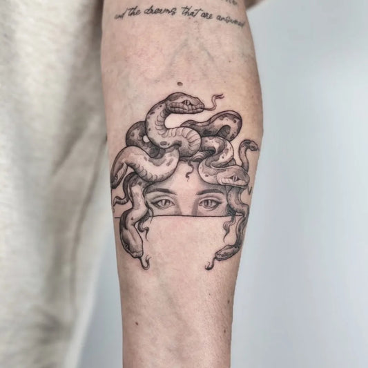 Big Blackwork Medusa with Snakes on Women Arm Tattoo by @goldwingtattooco