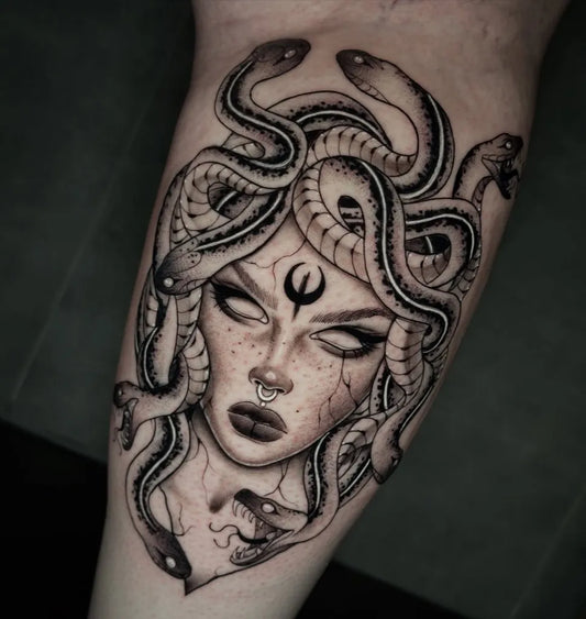 Big Blackwork Medusa with Snakes on Women Arm Tattoo by @hayleyploos