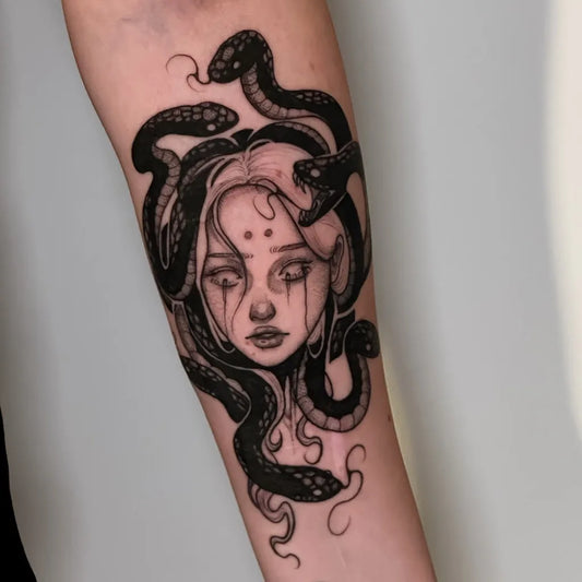 Big Blackwork Medusa with Snakes on Women Arm Tattoo by @itaitattoo
