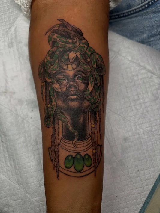 Big Blackwork Medusa with Snakes on Women Arm Tattoo by @katikattattoos