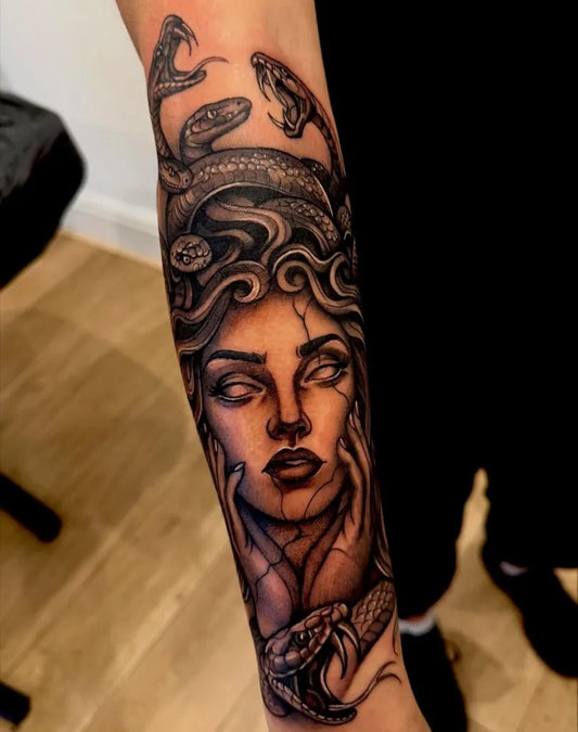 Big Blackwork Medusa with Snakes on Women Arm Tattoo by @lab_of_ink_tattoo_studio