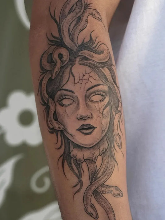 Big Blackwork Medusa with Snakes on Women Arm Tattoo by @madellisa.tattoo