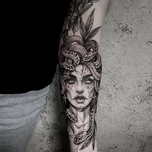 Big Blackwork Medusa with Snakes on Women Arm Tattoo by @matkaciezabije