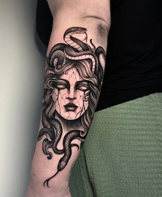 Big Blackwork Medusa with Snakes on Women Arm Tattoo by @maxcellitattooer