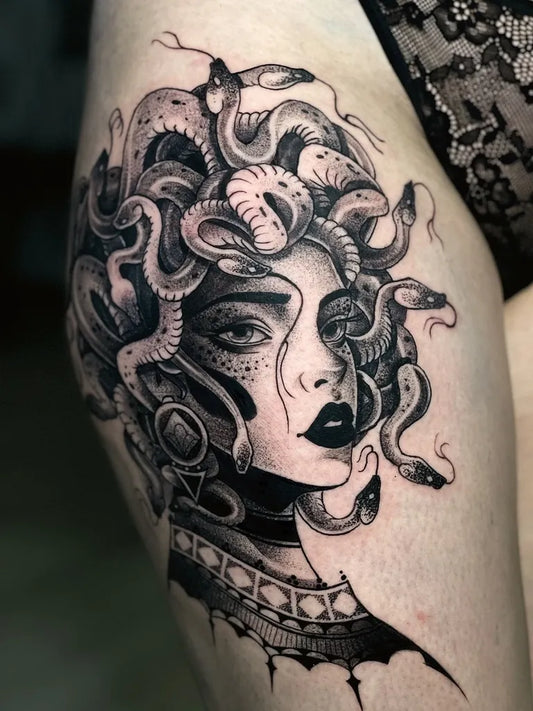 Big Blackwork Medusa with Snakes on Women Arm Tattoo by @menguante_tatuajes