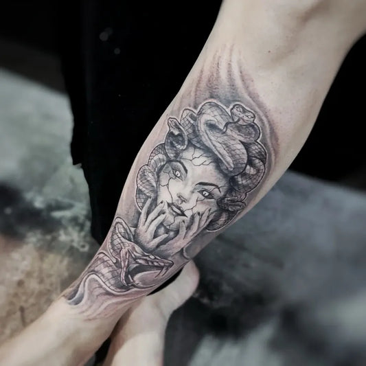 Big Blackwork Medusa with Snakes on Women Arm Tattoo by @paulotattoohousee