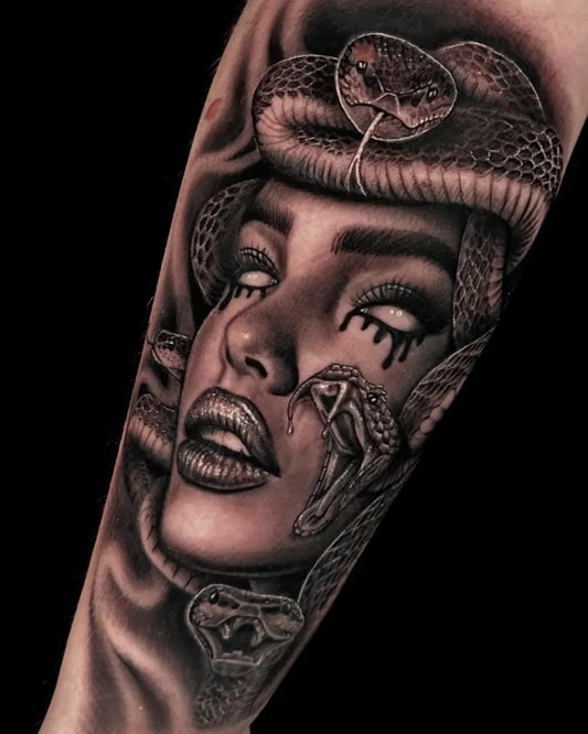 Big Blackwork Medusa with Snakes on Women Arm Tattoo by @tattoo_katie
