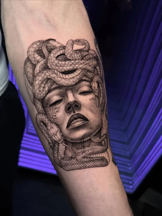 Big Blackwork Medusa with Snakes on Women Arm Tattoo by @yatzil_tatts