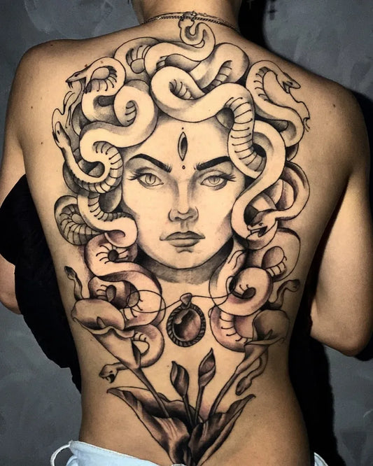 Big Blackwork Medusa with Snakes on Women Back Tattoo by @uaitattoo_rp