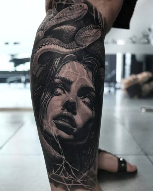 Big Blackwork Medusa with Snakes on Women Leg Tattoo by @steveupton_tattoo