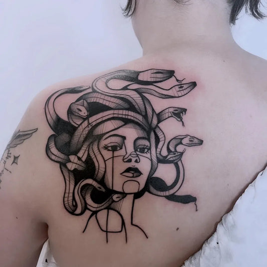 Big Blackwork Medusa with Snakes on Women Shoulder Tattoo by @cha_cra_tattoo