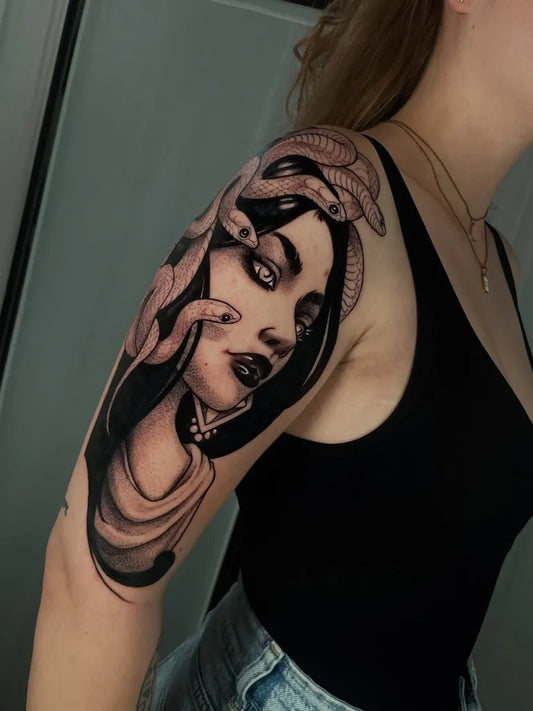 Big Blackwork Medusa with Snakes on Women Shoulder Tattoo by @henryktattoo