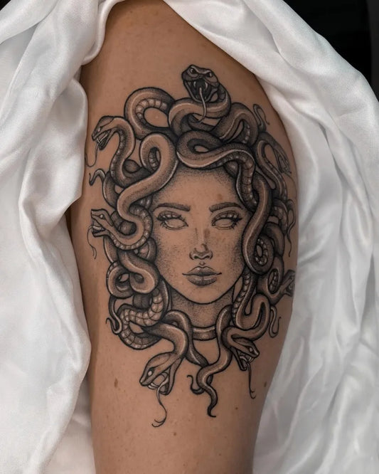 Big Blackwork Medusa with Snakes on Women Shoulder Tattoo by @sophi_ink
