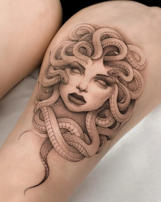 Big Blackwork Medusa with Snakes on Women Thigh Tattoo by @alextreze13