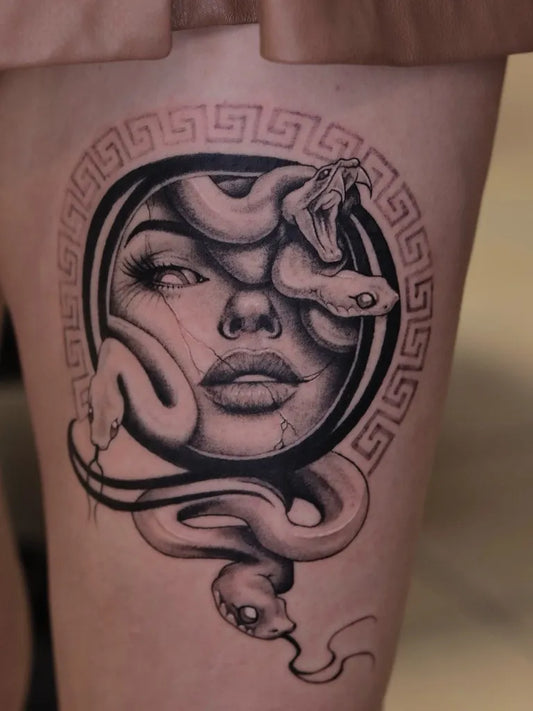 Big Blackwork Medusa with Snakes on Women Thigh Tattoo by @behi.tattt