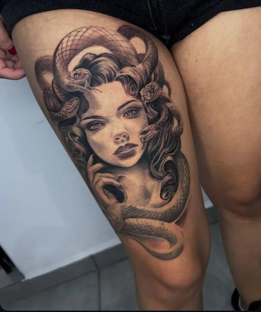 Big Blackwork Medusa with Snakes on Women Thigh Tattoo by @black_true_tattoo