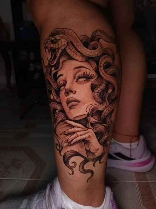 Big Blackwork Medusa with Snakes on Women Thigh Tattoo by @charly_bl_