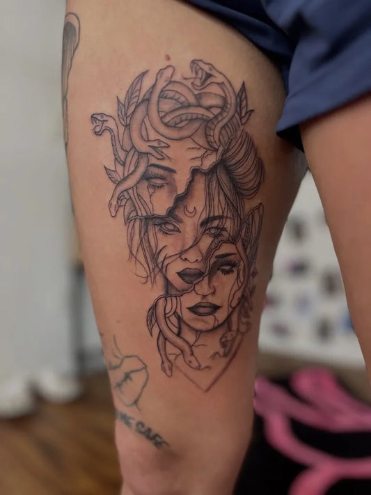 Big Blackwork Medusa with Snakes on Women Thigh Tattoo by @kangarootattoos