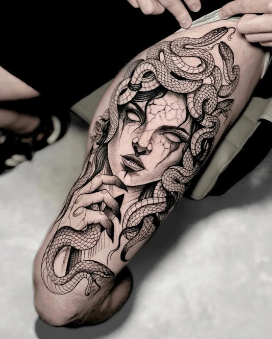 Big Blackwork Medusa with Snakes on Women Thigh Tattoo by @osobliwie_tattoo