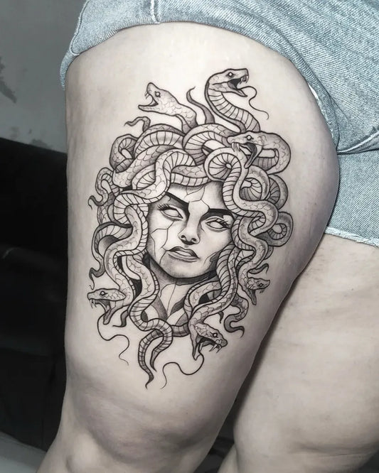 Big Blackwork Medusa with Snakes on Women Thigh Tattoo by @sidneytattoo
