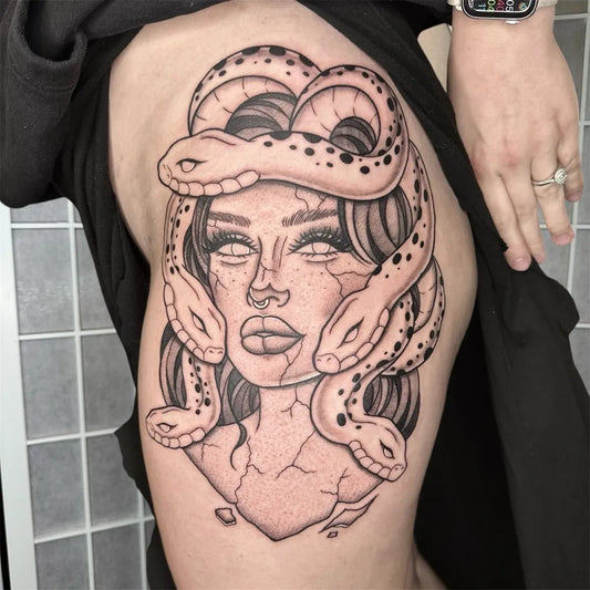 Big Blackwork Medusa with Snakes on Women Thigh Tattoo by @taratattooer