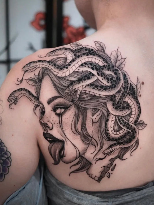 Big Blackwork Medusa with Snakes on Women on Shoulder Tattoo by @stitch.tattoo