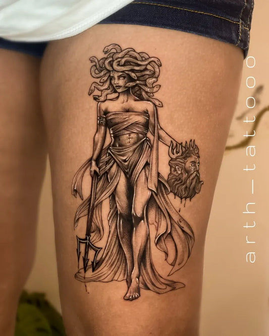 Big Blackwork Medusa with Trident and Lion Head on Women Thigh Tattoo by @arth_tattooo