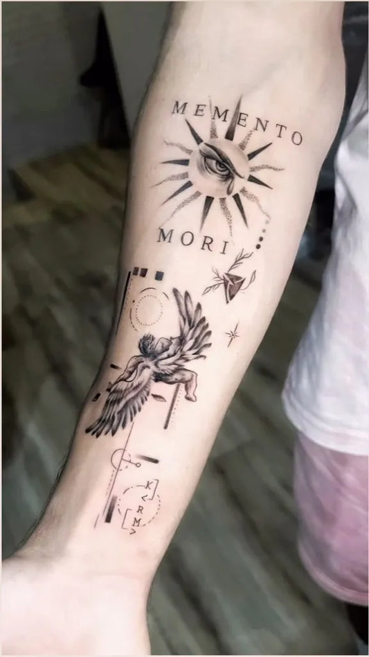 Big Blackwork Memento Mori Angel Sun on Men Arm Tattoo by @angel.tattoo.studio