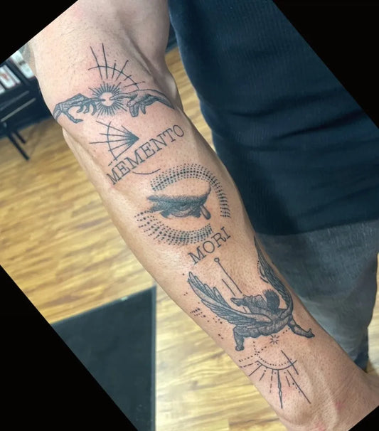 Big Blackwork Memento Mori Bird Sun on Men Arm Tattoo by @andreyu187