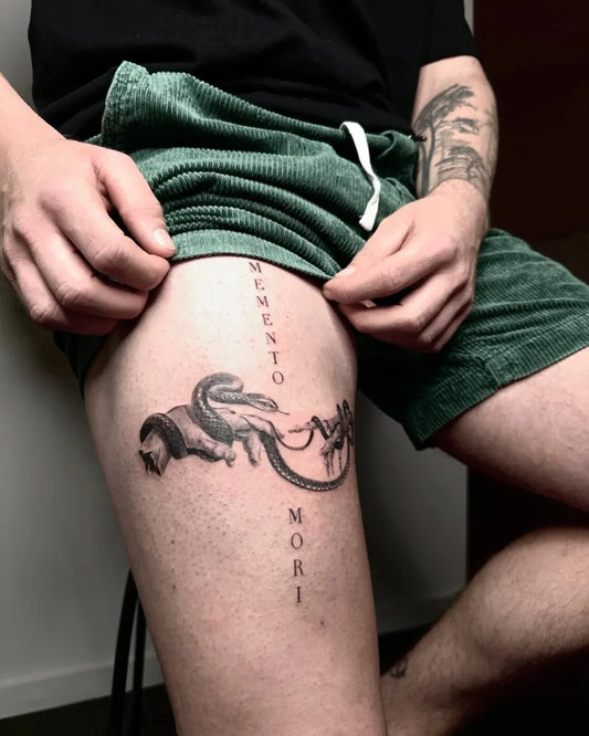 Big Blackwork Memento Mori Dragon on Men Thigh Tattoo by @jessi.art.tattoo