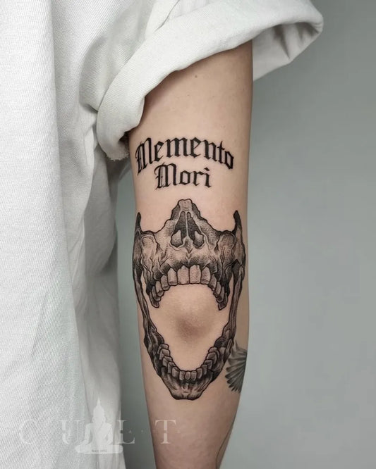 Big Blackwork Memento Mori Skull on Men Arm Tattoo by @culthamburgpiercingtattoo