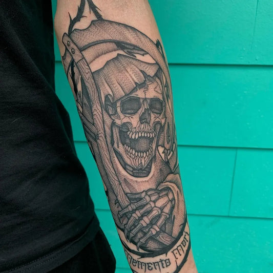 Big Blackwork Memento Mori on Men Arm Tattoo by @catzilla_tattoos